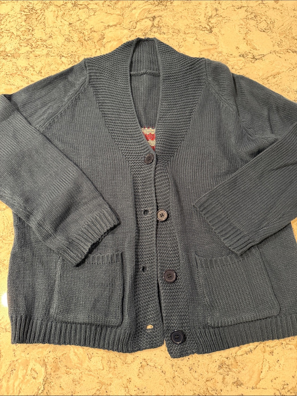 NWOT Women’s Shawl Collar Cardigan Sweater in Slate Blue - American Flag on Back